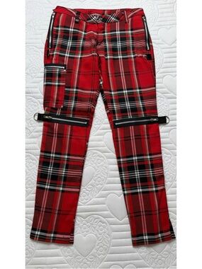 Vintage 90s Dogpile Red Black Plaid Punk Bondage Straight Leg Pants XS